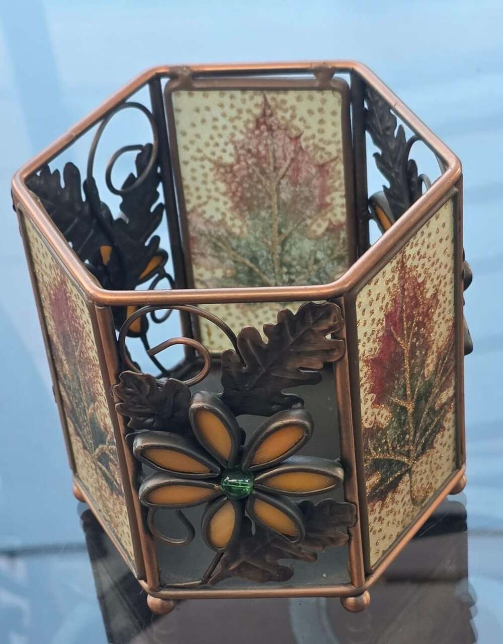 Fall Leaf and Daisy Hexagon Metal and Glass Votive Candle Holder